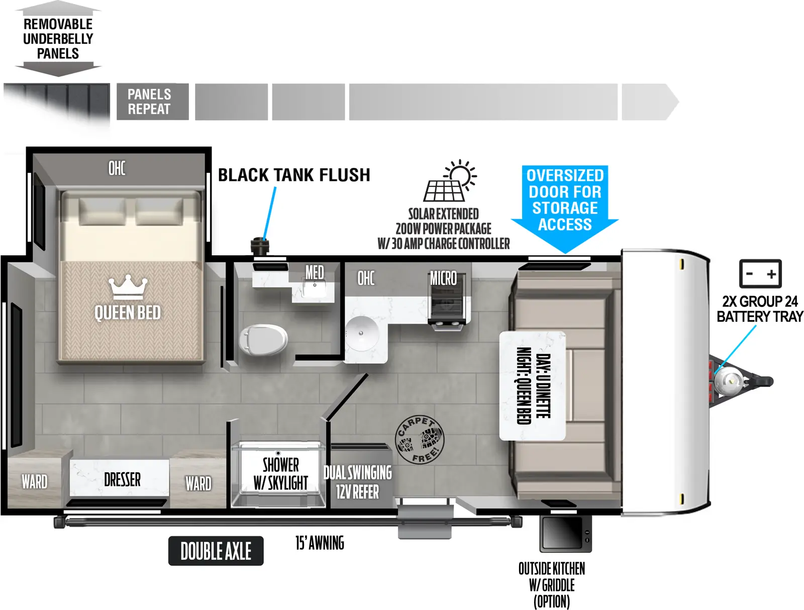 The 189RSK has one slideout and one entry. Exterior features 2X group 24 battery tray, storage access, outside kitchen, high capacity axle, removable underbelly panels, and optional solar extended 200W power package. Interior layout front to back: u-dinette that converts to queen bed; door side entry and dual swinging 12 volt refrigerator; off-door side kitchen counter with cooktop, microwave, overhead cabinet, and wraps to inner wall with sink, and sky light; full split pass-thru bathroom with medicine cabinet and shower with skylight; rear bedroom with off-door side custom king bed slideout with overhead cabinet, and door side dresser with wardrobes on each side. Carpet-free interior.